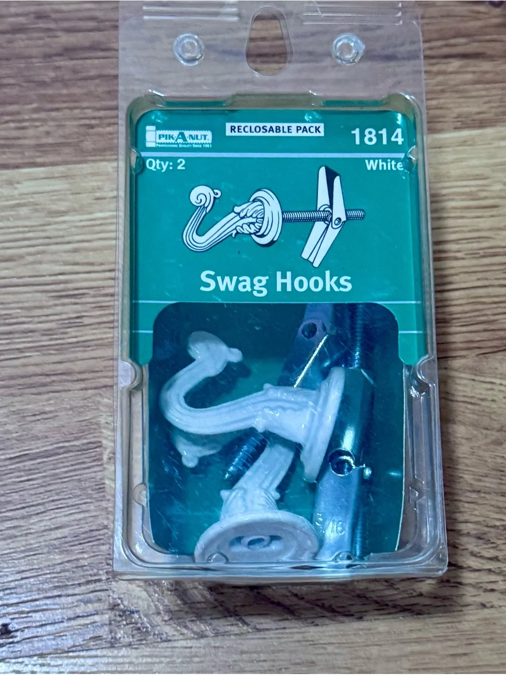 Swag Hooks (White) Reclosable Pack, Pik-A-Nut Brand, New